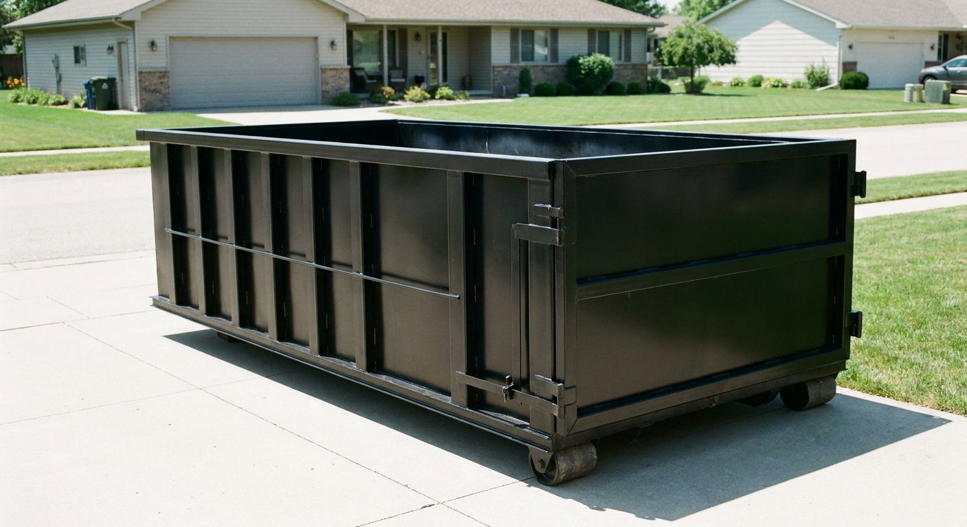 Matte-black 10-yard roll-off dumpster on a residential concrete driveway in Decatur, uniformly painted matte black across every panel and rail, ribbed steel sidewalls and rear swing door visible, mid-day daylight.