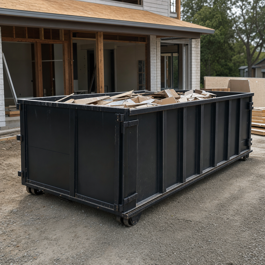 Large matte-black 30-yard construction roll-off dumpster at an active Decatur jobsite, steel-gray top rails and bottom rollers visible, loaded with construction debris.