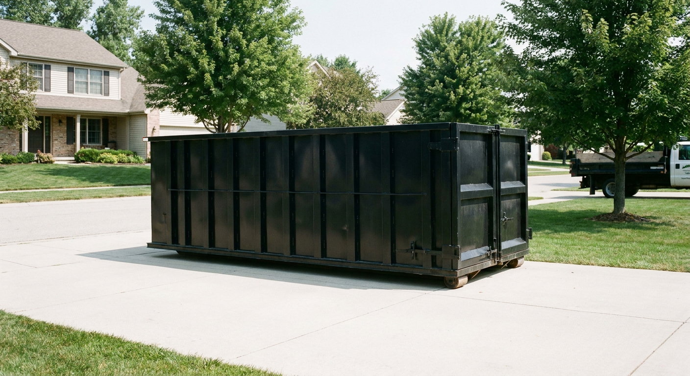 Matte-black 20-yard roll-off dumpster sitting level on a clean Decatur residential concrete driveway under bright daylight, demonstrating clean placement directly on the concrete.