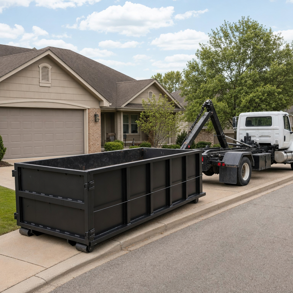 Wide documentary shot of a matte-black roll-off dumpster on a Decatur residential driveway in the foreground and a contractor jobsite container in the soft-focus background, bright daylight, calm and orderly composition.
